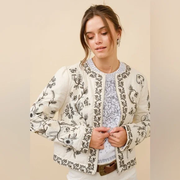 Pre loved Embroidered Zip Up Jacket in Vanilla Black - Picture 2 of 7